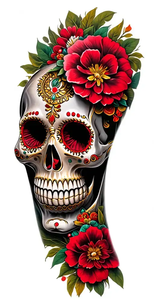 men's gold, red and black sugar skull with Mexican theme half sleeve tattoo design idea