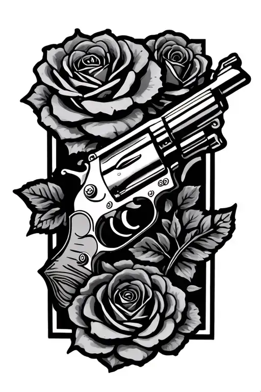 Revolver which exceeds a garter with roses tattoo design idea