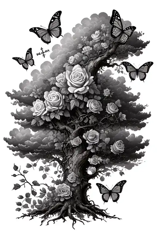 vines and rosses family tree growing together butterflies clouds crosses family over everything push towards your passio tattoo design idea