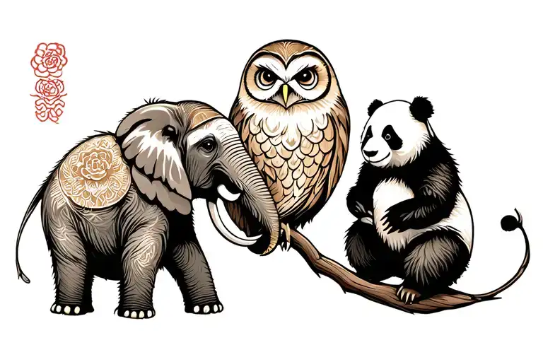 a majestic elephant, a wise owl, a relaxed sloth, and a lovable panda tattoo design idea
