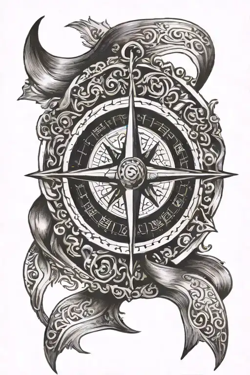 A black and white realistic vintage tattoo design of an ancient Nordic compass with a ribbon. The realistic vintage ribb tattoo design idea