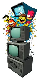 A cracked open 90s CRT television with cartoon characters bursting out (your favorite mix — could include Crash, Courage tattoo design idea