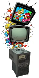 A cracked open 90s CRT television with cartoon characters bursting out (your favorite mix — could include Crash, Courage tattoo design idea