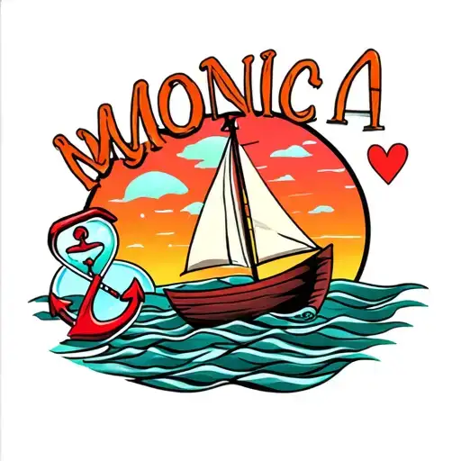 "Monica" "Monica" small sail boat, sunset sky, love, anchor, hour glass with sand tattoo design idea