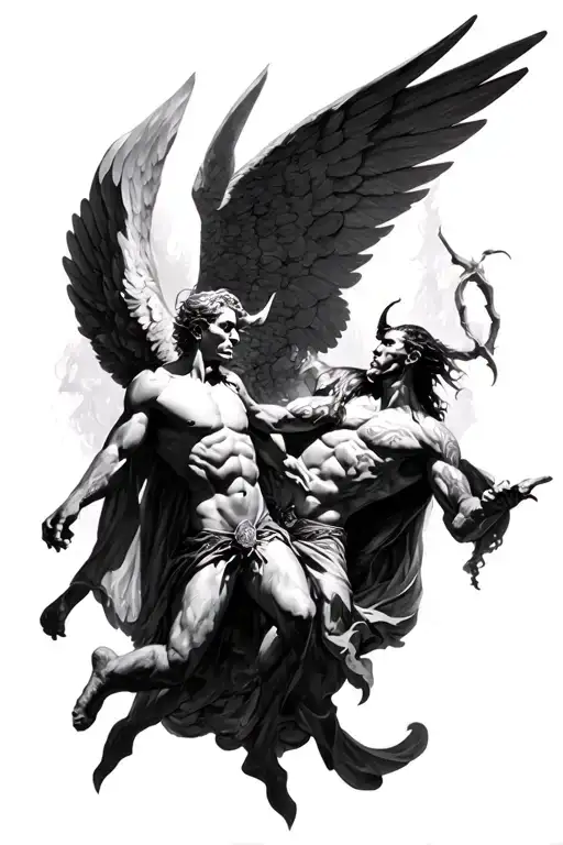 arch angel vs lucifer, battle scene, detailed tattoo design idea