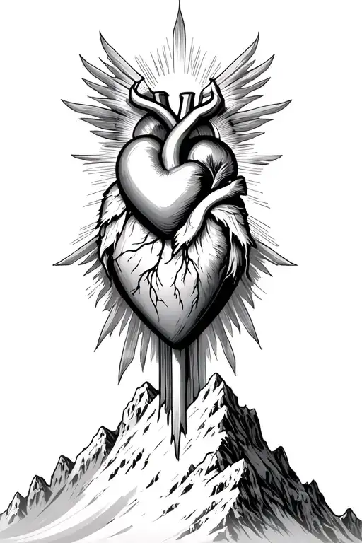 Christian sacred heart on top of a mountain tattoo design idea