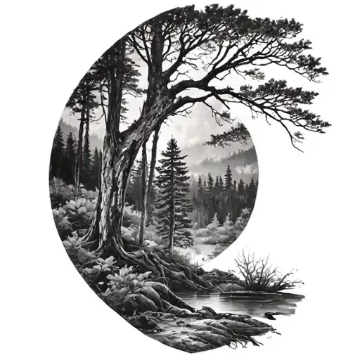 detailed full scene of a forest black and white  tattoo design idea