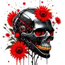 Robot skull in black, red daisies in the background tattoo design idea