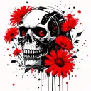 Robot skull in black, red daisies in the background tattoo design idea