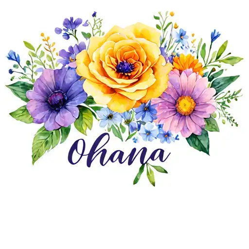 "Ohana" birth flowers: 1 rose, 1 marigold, 1 cosmos, 1 aster, 1 violet, and 1 forget me not around the word ohana tattoo design idea