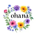 "Ohana" birth flowers: 1 rose, 1 marigold, 1 cosmos, 1 aster, 1 violet, and 1 forget me not around the word ohana tattoo design idea