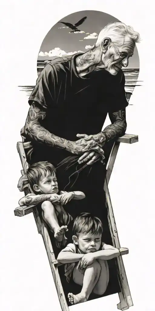 a boy and grandpa sitting on the beach in beach chairs  tattoo design idea
