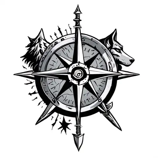 rugged compass rose with mountains, wolf, dagger tattoo design idea