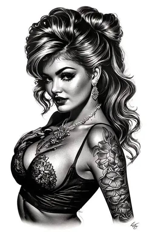 Sexy pin up girl, side profile, standing, petite, large boobs, tattoo design idea