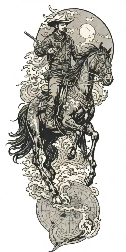  a cowboy riding a black horse and the world map with the continents tattoo design idea