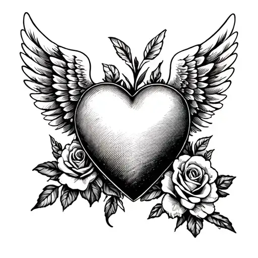 Drawing style tattoo featuring heart with wings, roses and other flowers growing from that heart  tattoo design idea