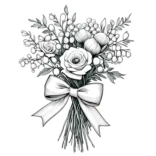 lily of the valley, holly berry, poppy and rose wrapped together in a bouquet, bow birth flowers. tattoo design idea