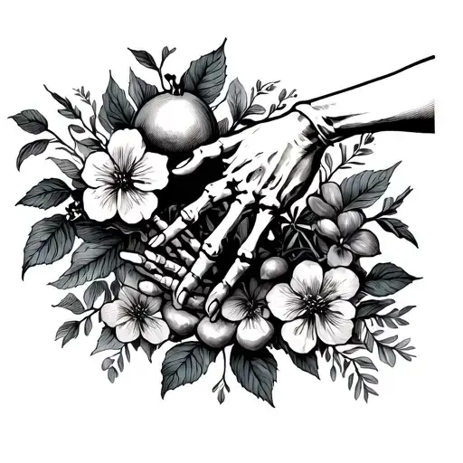 skeleton hand reaching for a woman's hand and pomegranate and flowers tattoo design idea