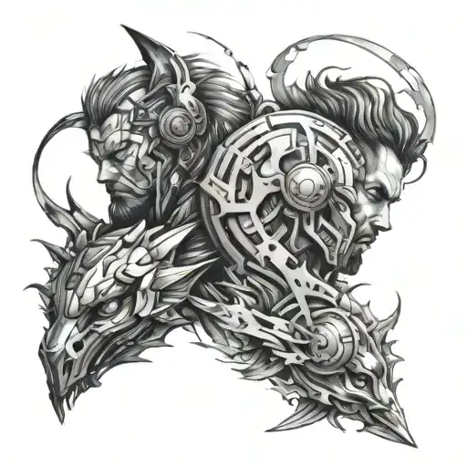 create a forearm tattoo image for a man. pisces and leo in cyberpunk style, reduce the amount of small details and make  tattoo design idea