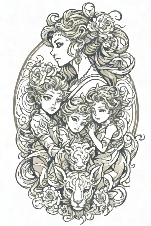 1 Mother Leo with 2 sons  capricorn, 1 Daughter aries, 1 son leo, sleeve tattoo design idea
