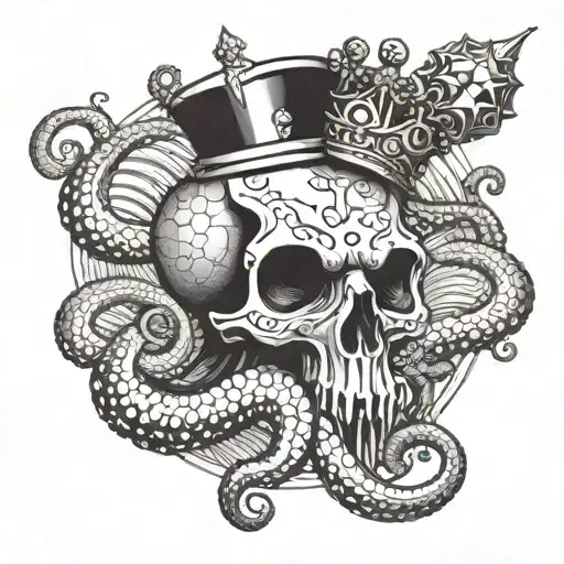 Design a surreal tattoo of an octopus with a crown on the beach. the Oktopus has a diamond, a key and a skull in his han tattoo design idea