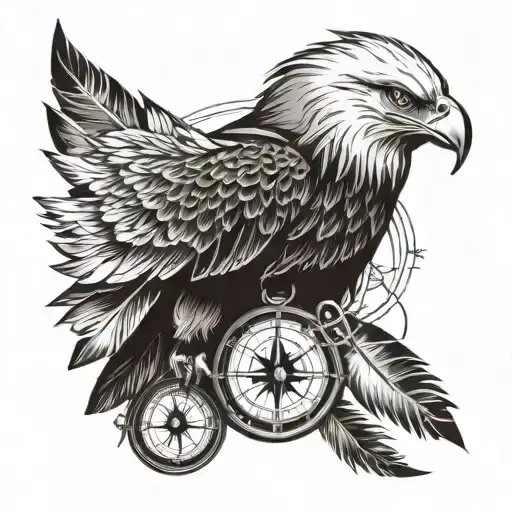 Eagle Feathers, Compass, Time, Space tattoo design idea