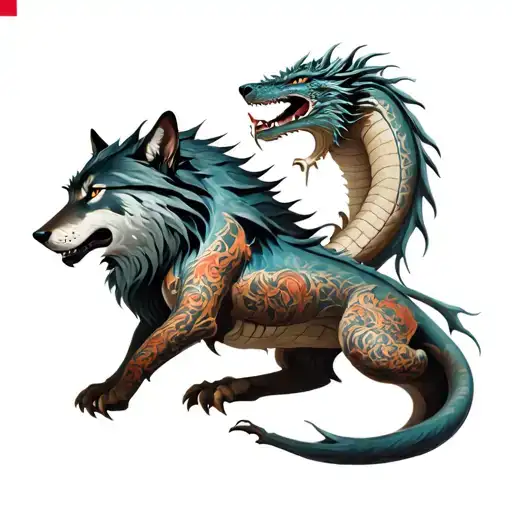 wolf and dragon figth scene with greek god tattoo design idea