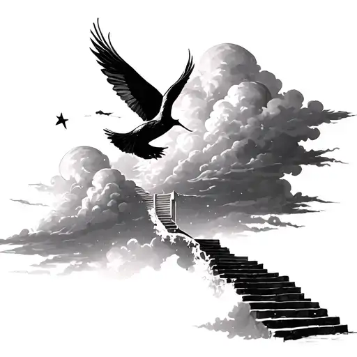 stairway to heaven with clouds and a bird tattoo design idea