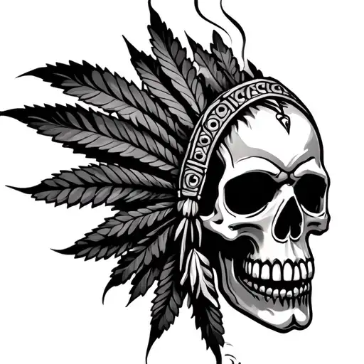 skull native American smoking weed tattoo design idea