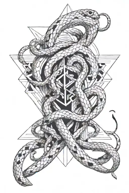 skinny geometric shapes down my spin with snake wrapped around it with the head up the top tattoo design idea