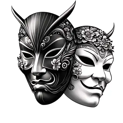 Japanese two faces mask chest tattoo design idea
