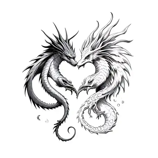dragon and phoenix creating a heart  tattoo design idea