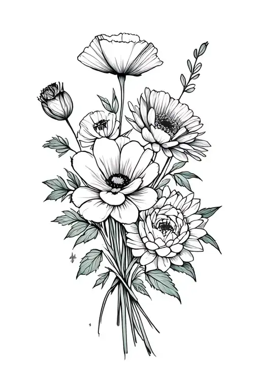 flower bouquet with a poppy, carnation, violet, chrysanthemum, water lily, rose tattoo design idea
