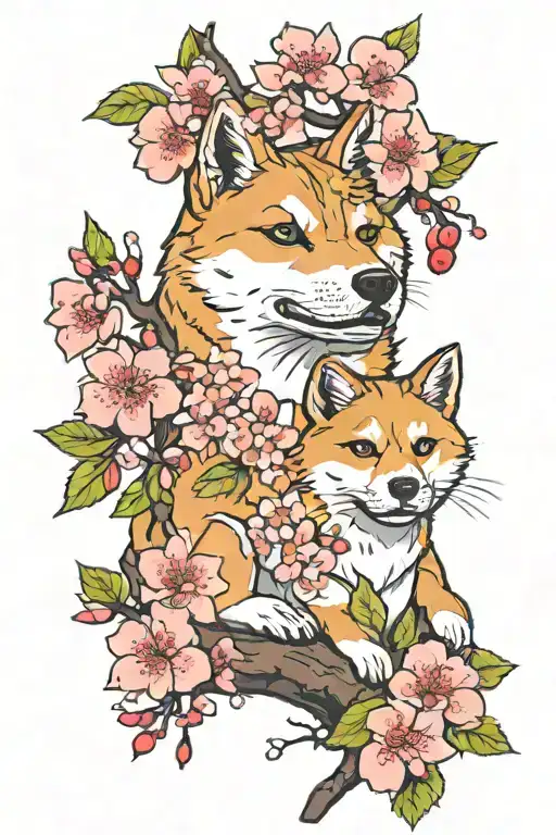 shiba inu, cherry blossom tree tattoo design idea