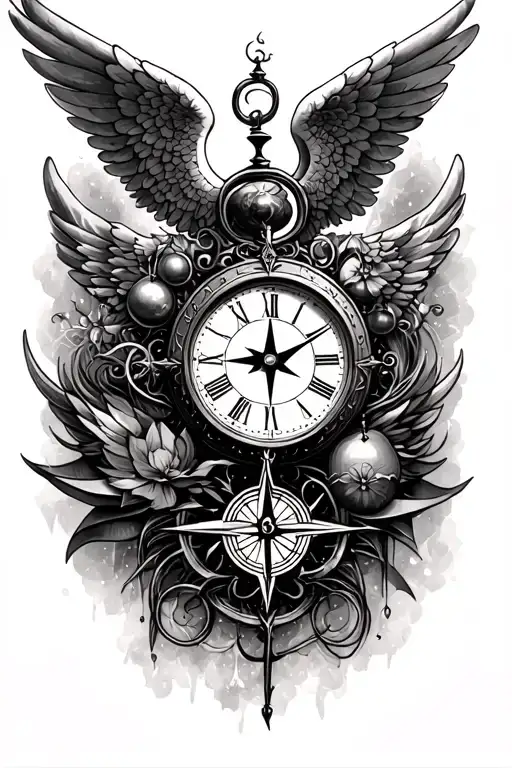feminine full sleeve with a clock without hands, an angel wing, a compass and 3 things that symbolize my sons tattoo design idea