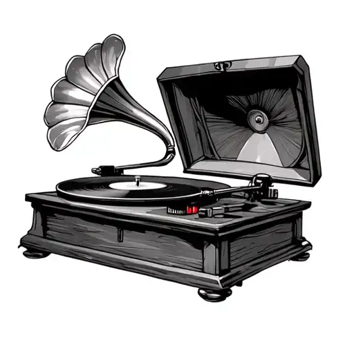 record player with gramophone incorporating country and rock music  tattoo design idea