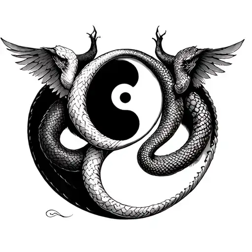 Twin Serpents – A yin-yang-style design with an angelic and demonic snake forming the Gemini symbol tattoo design idea