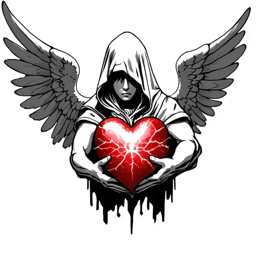 hooded archangel holding heart with cracks and light shining through tattoo design idea