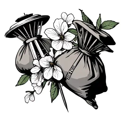 space needle with bags of money and a cherry blossom tattoo design idea