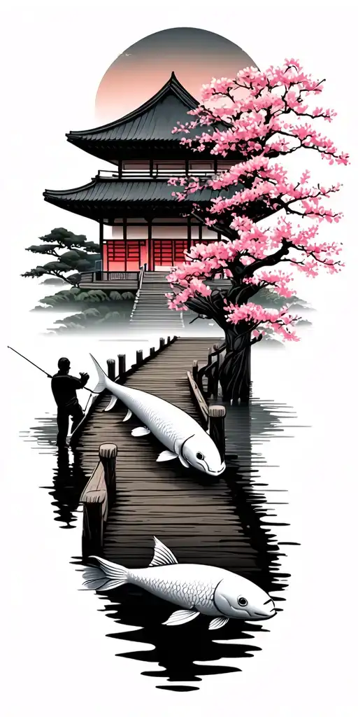 Pong with koi fish, man on a dock fishing, path leading up to a japanese building large. surrounded by cherry blossam  tattoo design idea