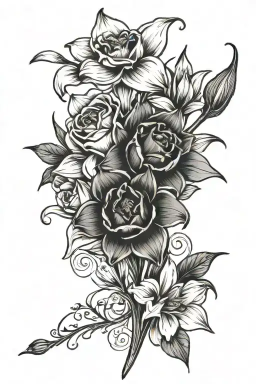 Daffodil and rose bouquet fine line with Cernich in cursive as the stem tattoo design idea