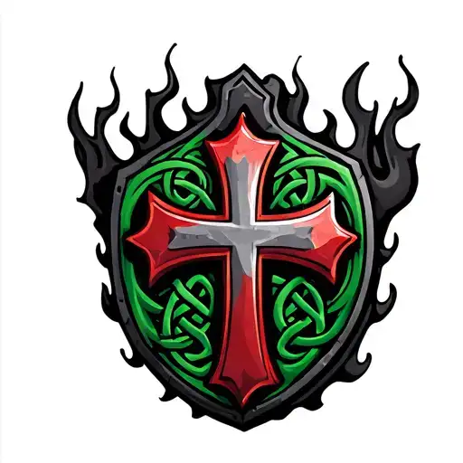 3d red jerusalem cross against a crusader shield made of green and black celtic knot flames tattoo design idea