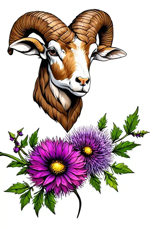 neo trad ram head surrounded with honey suckle and thistle flowers. Use jewel tone colors for the flowers.  tattoo design idea