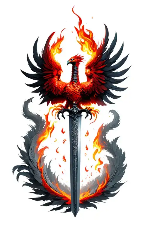 A red phoenix wrapped around a sword with feathers on fire falling to the ground  tattoo design idea