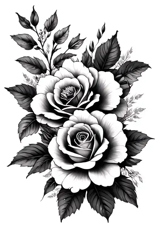Black tattoo that is roses, Camelias and hibiscus tattoo design idea