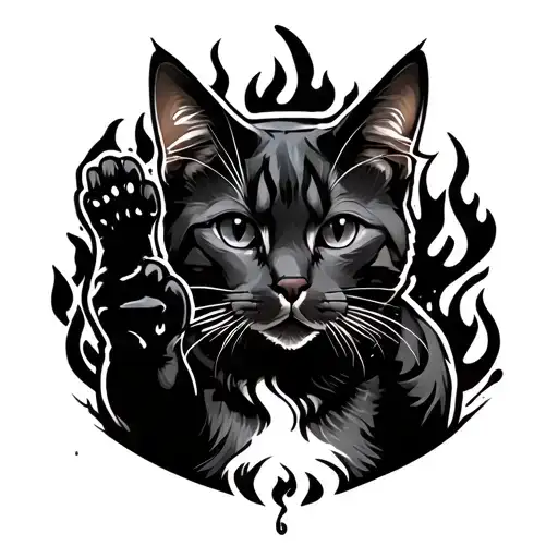 The cat washes a paw and a fire behind tattoo design idea