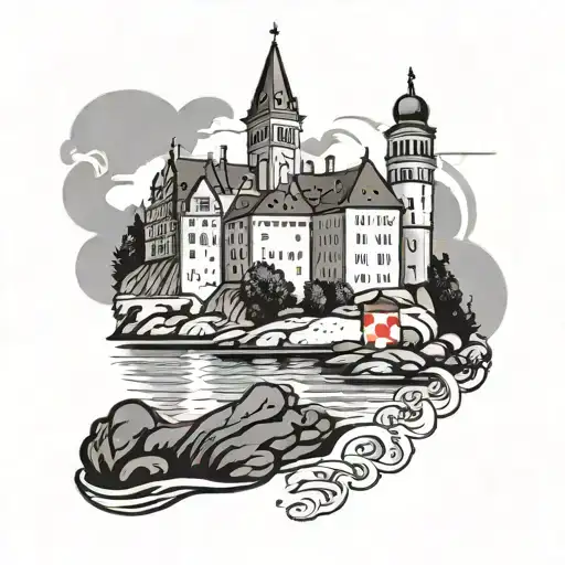 croatian flag wawing, castle silhoute over river flowing through a dense tattoo design idea