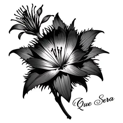 lily and thistle with the words "Que Sera Sera" as the stem tattoo design idea