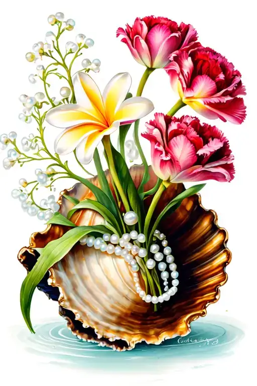 tulips , carnations ,plumeria  and baby's breathe flowers growing out of a conch shell with pearls tattoo design idea
