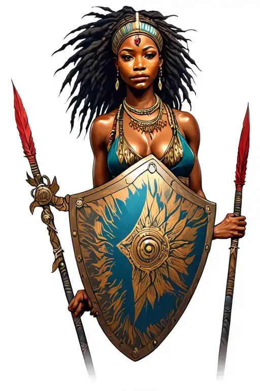 African warrior, female, beautiful curvy with shield and spear  tattoo design idea